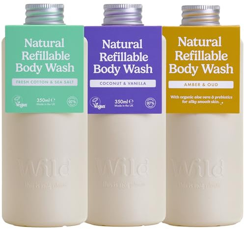 Wild - Jabón Líquido Recargable Natural 300ml - Pack de 3 Recambios de Gel de Ducha en Varias Esencias - Incluye las Esencias Coconut & Vanilla, Fresh Cotton y Amber & Oud