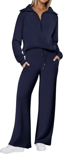 REORIA Women Cotton Zippered Lapel Tracksuit Set Long Sleeve Two Piece Outfit Lounge Wear Sets Solid Color Co Ord Sets Navy Blue M