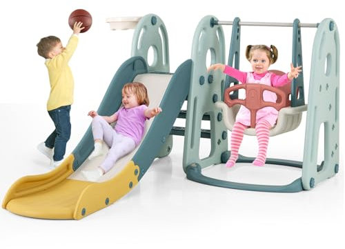 GOPLUS 4 in 1 Kinderschaukel, Kinderrutsche mit Schaukel, Basketballkorb und Klettergerüst, Spielplatz inkl. Ball & Pumpe für Indoor & Outdoor, für Jungen und Mädchen ab 18 Monaten