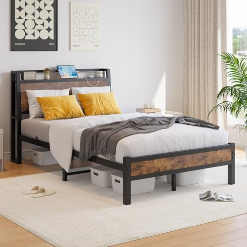 FOUBAM Bettgestell 120 x 200 mit Ladestation,Ergonomie Rahmen Metallbett Modern Rahmen Bettrahmen Holz mit Kopfteil, Doppelbett/Einzelbett,Gästebett Jugendbett für Schlafzimmer Gästezimmer Schwarz