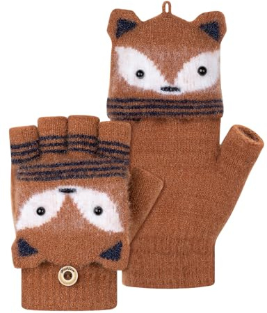 MELLIEX Guantes sin Dedos Niño, Flip Top Guantes Niño Invierno, Cálido Medio Dedo Manopla para Niños Niñas 5-10 Años，Zorro-Café
