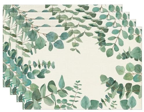 Grüner Eukalyptus Platzsets Set 4 Stück, Tischset Eukalyptus, Waschbar Platzsets Frühling Sommer Platzdeckchen, Tischset Frühling, Oster Tischdeko Küche, Drinnen Urlaub Party Deko 30x45cm