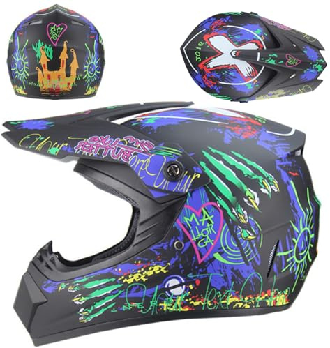 HWGING Professionelle Motocross Helm für Kinder Erwachsene Motocross Off Road Motorrad Helm Fullface Helm mit Goggles Handschuhe Gesichtsabdeckung (L)