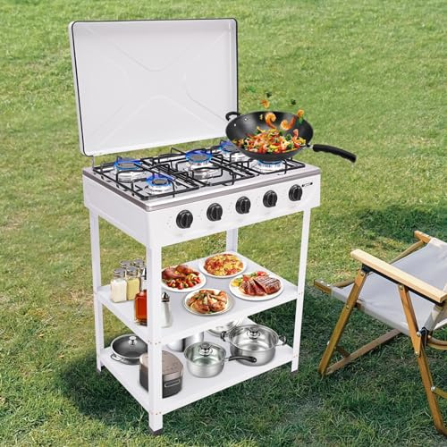 Wawuwao 5-Burner Natural Gas Stove, 2.5kw Camping Stove, Portable Gas Cooker Stove with Windshield Cover & Non-Slip Feet, Freestanding Outdoor Gas Cooker with Manual Ignition, for Camping and RV