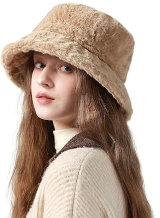 KYRINOVA Winter Warm Fuzzy Bucket Hat, Comfortable Fluffy Bucket Hat, Fashion Fur Hat Suitable for Women and Girls (UK, Alpha, One Size, Khaki)