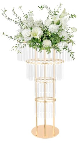 GUJIFENG Soporte de flores de hierro y acrílico de 4 niveles, soporte de pedestal de mesa redonda, jarrones dorados, centros de mesa para boda, recepción, fiesta de cumpleaños, eventos, decoración del