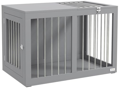 PawHut Cage pour Chien intérieur avec 2 Portes verrouillables, Bonne Ventilation, Niche pour Chiens, Table d’appoint, 80 x 50 x 56,5 cm, Gris