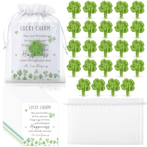 Rivvlive 24 Sets St. Patrick's Gifts Bulk Irish Blessing Good Luck Handmade Crochet Shamrock Knitted Clovers Charm Clover Exam Passed Gift Irish Gifts Decor Ornaments for Party Favors