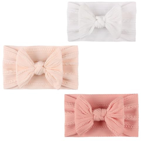 GWEOR 3 Piezas Diademas Tipo Turbante Para Bebés - Diademas Nailon Para Niñas Bebés - Gorros Con Lazo Suave - Cintas Elásticas Para El Pelo (Rosa, Color Piel Y Blanco)