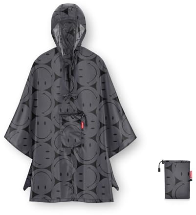 reisenthel mini maxi poncho smiley® grey – Klein verpackter Regencape aus hochwertigem Polyestergewebe – Ansprechendes Design mit weiter Kragenöffnung