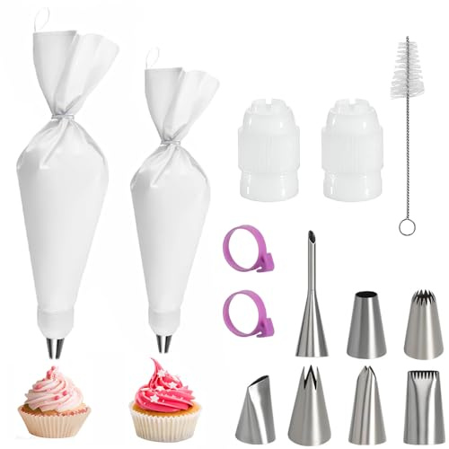 Set di 15 sac à poche e ugelli, kit per sac à poche con 7 beccucci, sac à poche riutilizzabili in cotone da 30,5 cm e 35,6 cm, 2 accoppiatori, 2 fascette e 2 spazzole per la pulizia per torte, cottura