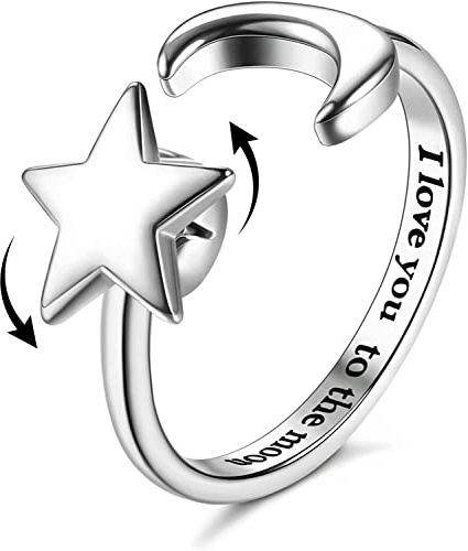 HMJGDHX Anillo Fidget para Mujeres Niños Niñas Anillos de Ansiedad Abierto Ajustable Plata Girasol Ópalo Piedra Luna Estrella Luna Nieve Loto Spinner Anillos de Estado de Ánimo Anillos de Nudillos