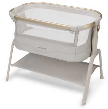 Maxi Cosi Iora² Co-Sleeping Bassinet, 0–6 Months (9 kg), Foldable & Lightweight Baby Bedside Crib, 5 cm CloudCore mattress, 5 Height Levels, 2 Smooth Gliding Wheels, Easy Slide, Elegance Beige
