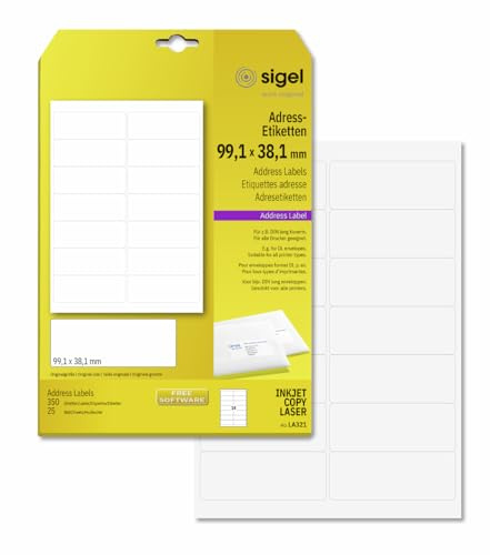 SIGEL LA321 abgerundete Adress-Etiketten selbstklebend, bedruckbar, weiß, 99,1 x 38,1 mm, 350 Etiketten = 25 Blatt