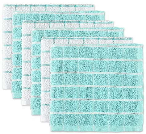 DII Basic Terry Collection Windowpane Dishcloth Set, 12x12, Aqua, 6 Piece