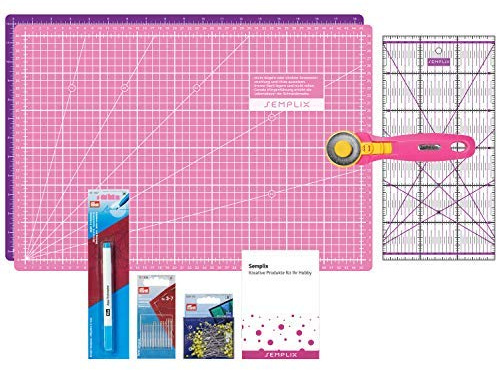SEMPLIX Patchwork Starter Set with Cutting Mat (A3), Rotary Cutter Maxi, Ruler + Prym Sewing Needles, Pins & Trick Marker (Pink/Purple)