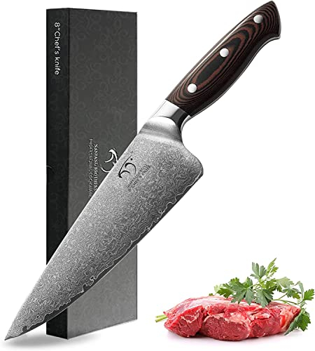 Cuchillo de chef Damasco de 8 pulgadas, cuchillo ultra afilado de acero inoxidable VG-10 de grado profesional, cuchillo de cocina con mango de madera de lujo