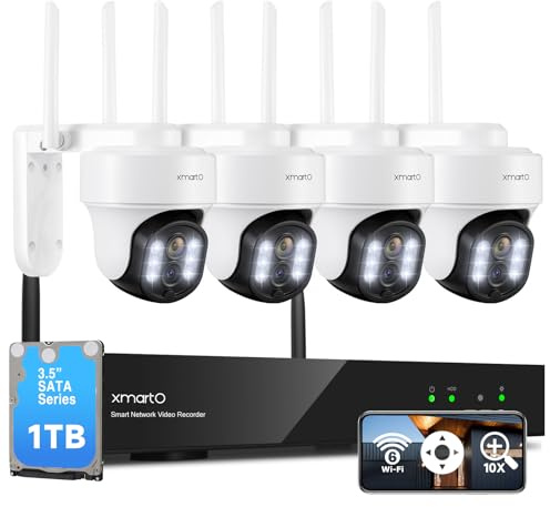 Système de caméra de sécurité XMARTO 10CH HD PTZ sans fil pour extérieur/intérieur, double WiFi 4K NVR avec 4 caméras domestiques 2K rotatives, disque dur de 1 To (surveillance 24h/24, 7j/7, relais