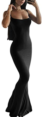 Women Bodycon Long Backless Spaghetti Strap Maxi Date Night Going Out Club Dress Evening Party Dinner Sleeveless Summer Dresses Black Small