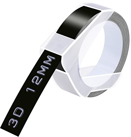 Cruxer Prägeband Ersatz für Dymo 12 mm x 3 m, Weiß auf Schwarz, Omega-3D-Etikettenband, selbstklebendes Dymo Prägeband, Vinyl-Etiketten für DYMO Omega Junior, 3D-Etikettendrucker, 1 Stück