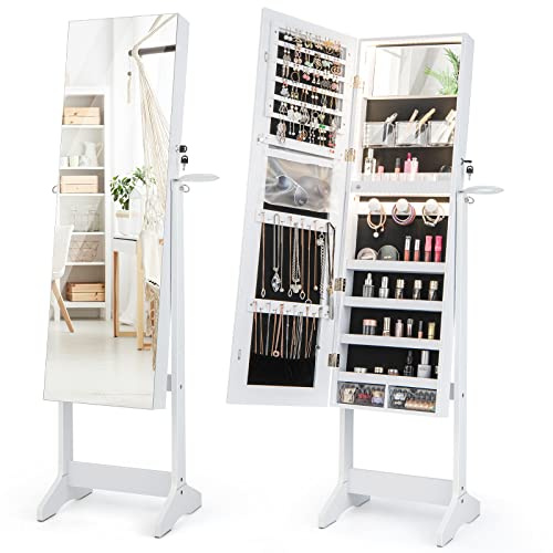 COSTWAY Armario de Joyas de Pie, Organizador de Joyas con Espejo de Cuerpo Entero, Organizador de Joyería con Luces LED de 3 Colores, Soporte para Secador de Pelo y Almacenamiento de Joyas (Estilo 1)
