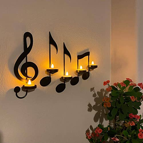 Fofetbfo Portacandele da parete in metallo nero Set di 4 portacandele a forma di simbolo musicale da parete per decorazione della casa