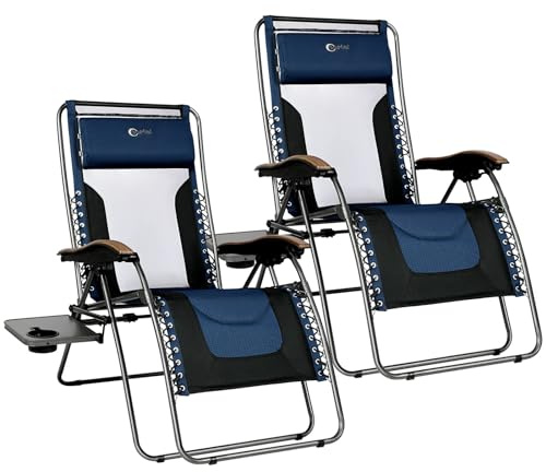 Portal Oversized Mesh Back Zero Gravity Reclining Patio Chairs, XL Padded Seat Folding Patio Lounge Chair with Adjustable Pillows and Cup Holder for Poolside, Support 350lbs, Mesh Blue, 2 Pack