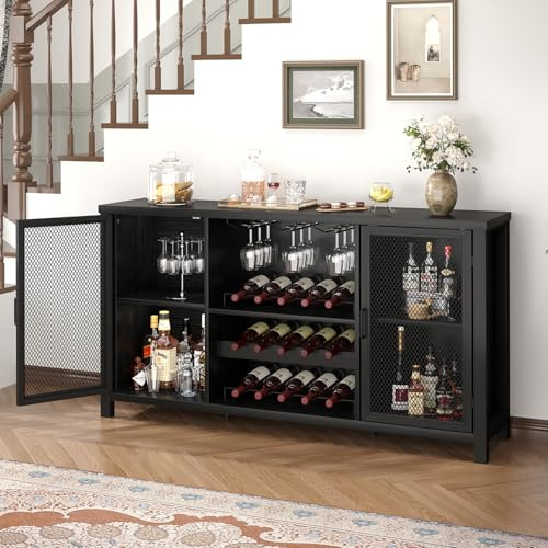IBF Black Coffee Bar Cabinet, Industrial Kitchen Sideboard, Wine Cabinet with Wine Rack Storage, Buffet Cabinets for Drinks, Farmhouse Liquor Cabinet for Home Living Dining Room, Black Oak, 140 CM