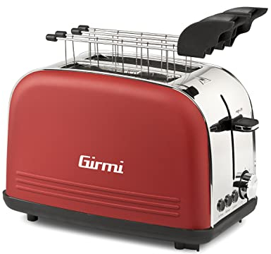 Girmi TP57 Toaster, 800 W, Edelstahlgehäuse und Zange, große Schlitze, Timer, 8 Kochstufen, automatische Abschaltung, Krümelauffangschale, Rot