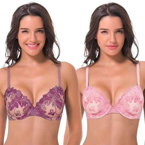 Curve Muse Women's Plus Size Add 1 and a Half Cup Push Up Underwire Bras, Pink,grape(2 Pack), 40C