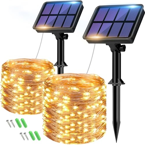 Lot de 2 Guirlande Solaire Exterieur, Totale 16m 160LED Lumineuse Étanche, 8 Modes Décoration pour Jardin Terrasse Cour Noël Mariage Fête, Blanc Chaud