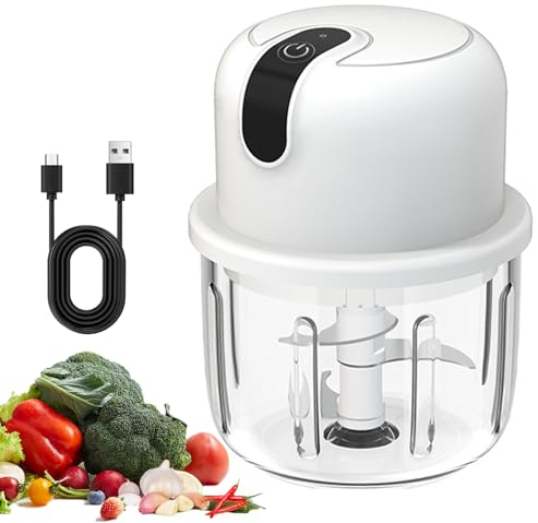 Hachoir Électrique 350ml, Mini hachoir Électrique Mixeur hachoir Rechargeable USB avec 3 Lames en Acier Inoxydable pour Oignon, Ail, Viande, Légumes et Les Fruits