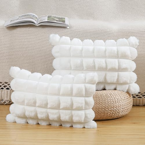 Madizz 2 Pezzi A quadretti Federe in pelliccia sintetica peluche Copricuscini Morbido Decorativo Fodere per Cuscino Lusso Stile Arredi per Casa Divano Letto Bianco crema 30x50 cm