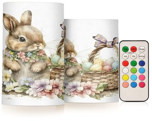 ALAZA Cute Watercolour Little Rabbit Easter Flickering Flameless Candles Battery Operated with Remote Timer,Tea Light Candles LED Pillar Votive Candles Set of 2 for Outdoor Indoor Decorations