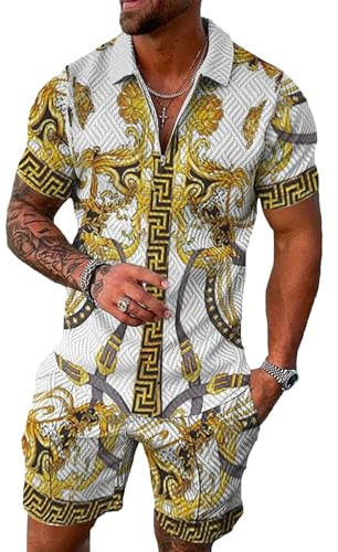 BIRW Conjunto corto de 2 piezas para hombre, polo, a la moda, de verano, conjunto casual de manga corta y pantalones cortos para hombre, Cinturón Paisley de Oro Blanco Impreso, Small