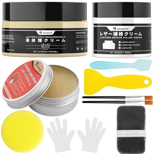 Grpoche Kit Riparazione Pelle, Beige Crema Riparatrice Pelle, Set di Crema per Riparazioni in Pelle, per Graffi, Macchie Sbiadite, Colore Pelle per Divani