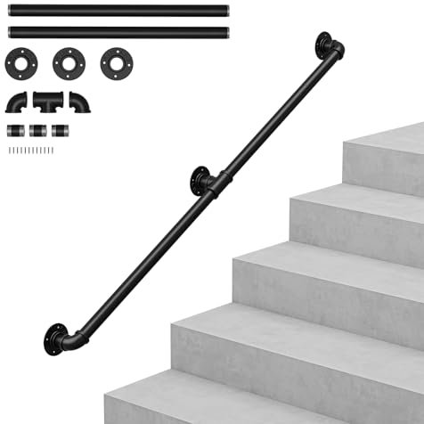 OUNUO Wall Handrail for Stairs Steps, Black Metal Industrial Pipe Staircase Handrail for Indoor Outdoor Wall Mount Support, Wall Hand Railing,Safety Handle (Black, 200cm)