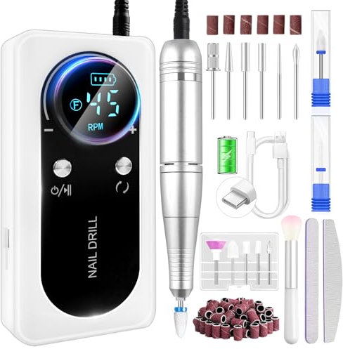 45000RPM Professional Nail Drill Machine for Acrylic and Gel Nails, Rechargeable Electric Nail File with 4000mAh Battery & LCD Display, Portable Nail Drill Kit with 13 Bits at Salon and Home