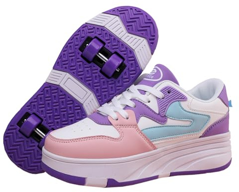 Mateju Barn rullskridskor för pojkar flickor, skateboardskridskor utomhus parkourskor infällbara 4 hjul unisex tonåring barn sport promenader löpning sneakers skor, Lila, 39.5 EU