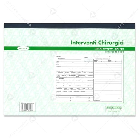 Registro Interventi Chirurgici, 50 Moduli Autocopianti, 225x297mm, Numerati da 1 a 50