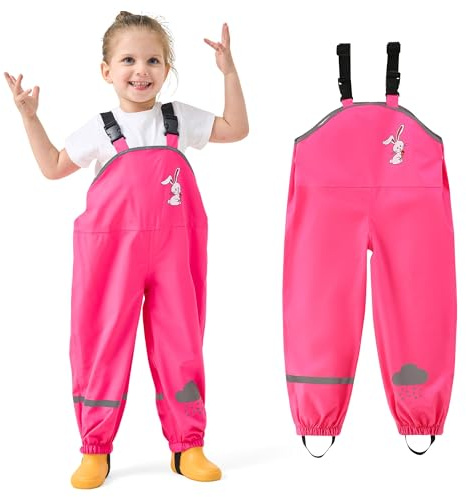 JinBei Pantaloni Impermeabili Bambino Leggeri Salopette Antipioggia Pantaloni Ragazze Antivento Traspirante Non Imbottiti Impermeabile Abbigliamento con Striscia Riflettente Rosa Rossa, 2-3 Anni
