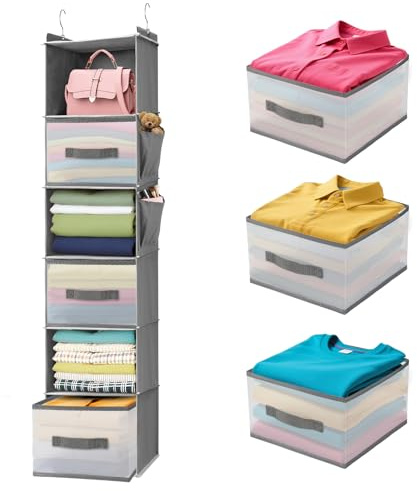 BIEBOS 6-Tier Hanging Closet Organizer with Drawers and Side Pockets – Versatile Closet Storage for Shoes, Hats, Belts, and Purses