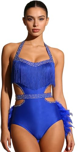 Freebily Abito da Ballo Latino Americano Donna con Piume Vestito Danza Moderna Jazz Collo Halter Body Ginnastica Ritmica con Strass Balletto Leotards Abito da Pattinaggio