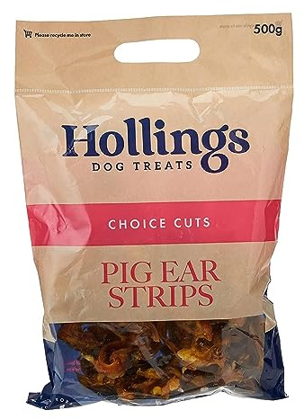 Hollings Pig Ear Strips Dog Treats, 100% Natural Air Dried Long Lasting Chews for Adult Dogs, Grain Free & High in Protein (500g)