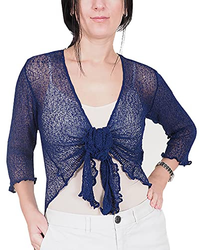 Mimosa Dambolero i virkat glitter eller i vanlig stretchspets, fisknät, baliknut i midjan, öppen cardigan, Marinblått Xsp, One Size (Stor)