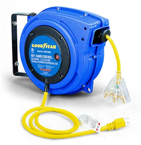 Goodyear Extension Cord Reel Retractable 16AWG x 50' Foot 3C/SJTOW Commercial Cable LED Triple Tap Connector Power 10A 125VAC 938W