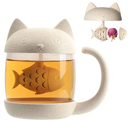 Cymax Tazza da tè in vetro da 250 ml con filtro da tè a forma di gatto, perfetta per matrimoni, regalo di compleanno, festa della mamma, festa del papà per gli amanti dei gatti
