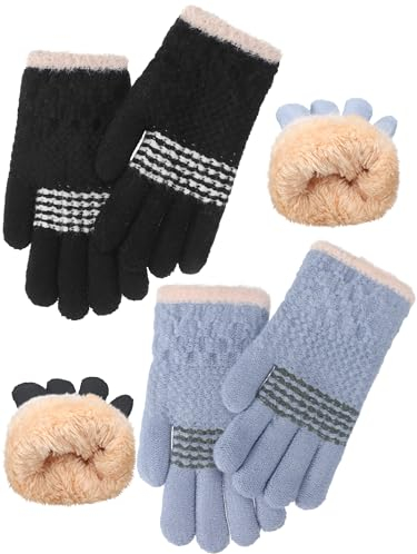 2 Paar Kinder Handschuhe Vollfinger Strick Handschuhe Fleece Handschuhe für Jungen Mädchen 5-12 Jahre (Grau, Schwarz)