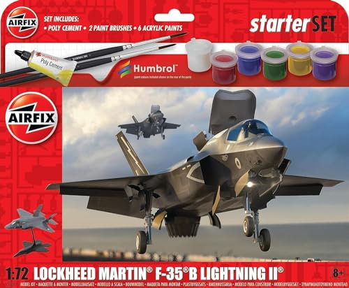 Airfix Starter Set - A55010 Lockheed Martin F-35B Lightning II Model Building Kit - Plastic Model Plane Kits for Adults & Children 8+, Set Includes Acrylic Paints, Brushes & Poly Cement - 1:72 Scale