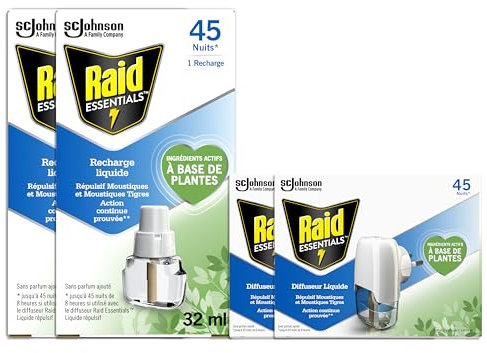 Raid Essentials Diffuseur Electrique Liquide - Répulsifs Anti-Moustiques et Moustiques Tigres 180 Nuits – 2 Diffuseurs + 4 Recharges 4x32ml